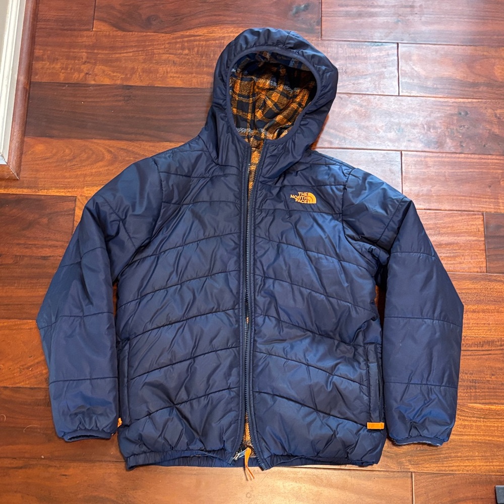 The North Face Kids Reversible Puffer Jacket Size Large 14 Navy Blue Orange
